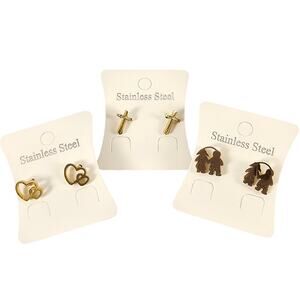Stud Earrings Stainless Steel Lot of 3 Pairs Heart, Cross, Children Gold Tone